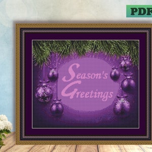 Purple Pink SEASON&#39;S GREETINGS Christmas Counted Cross Stitch PDF Pattern Instant Digital Download X Stitch Needlework Wall Art Home Decor