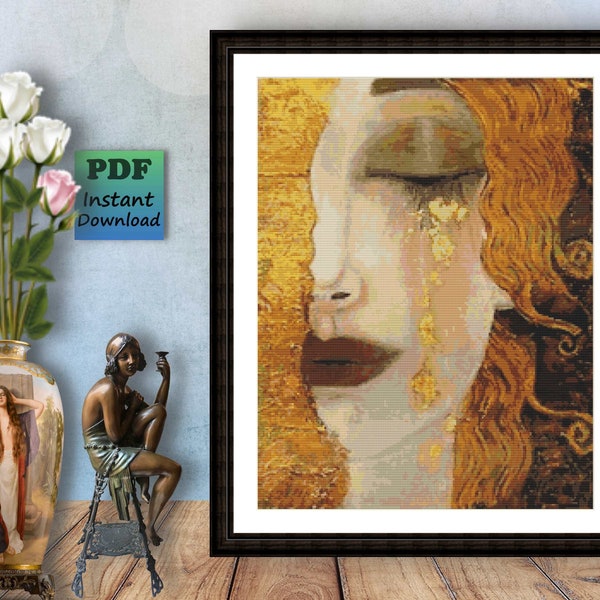 Peinture GOLDEN TEARS par Gustav Klimt, point compté, motif PDF, téléchargement numérique instantané, tableau de broderie au point de croix, art mural, décoration
