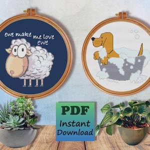 Two Patterns - Bathing Dog & Sheep - Counted Cross Stitch Pattern To Download - PDF Chart - X Stitch Needlework - Instant Download