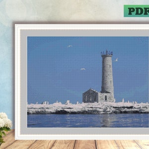 May include: A painting of a stone lighthouse on a small island with a blue sky and sea. The lighthouse is tall and has a white roof. There are birds flying in the sky.