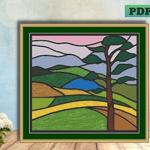 STAIN GLASS Forest Landscape Counted Cross Stitch, Jack Pine Tree PDF Pattern, Instant Digital Download, X Needlework Wall Art, Home Decor