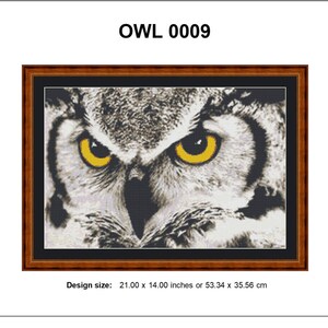 May include: Close-up of an owl's face with bright yellow eyes. The owl's feathers are a mix of black, white, and gray. The image is in a brown frame. Design size: 21.00 x 14.00 inches or 53.34 x 35.56 cm.