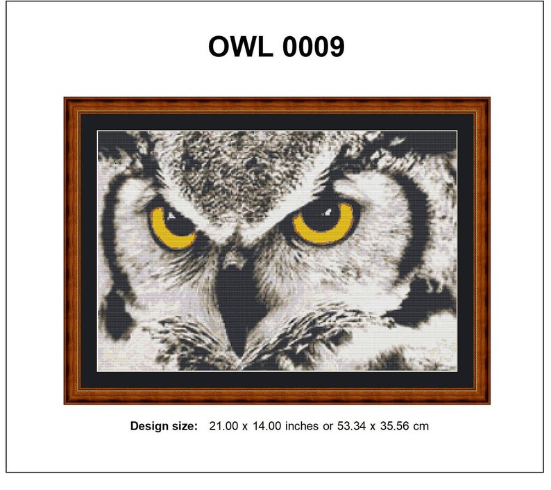 May include: Close-up of an owl's face with bright yellow eyes. The owl's feathers are a mix of black, white, and gray. The image is in a brown frame. Design size: 21.00 x 14.00 inches or 53.34 x 35.56 cm.