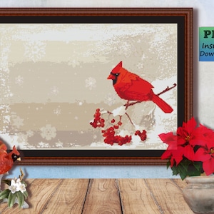 Red Cardinal Winter Scene Counted Cross Stitch Pattern (PDF Download)