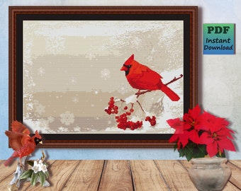 Red Cardinal Winter Scene Counted Cross Stitch Pattern (PDF Download)