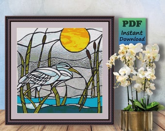 Egret Stained Glass Counted Cross Stitch Pattern (PDF Download)