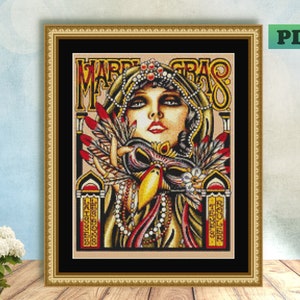May include: A framed cross-stitch pattern featuring a woman with a feathered headdress and a mask, with the text "Mardi Gras" above her. The background is a cream color with gold accents.