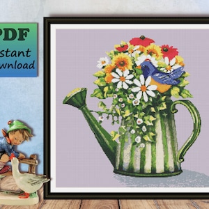 Bluebird - Wilde bloemen - Gieter - Geteld kruissteekpatroon om te downloaden - PDF-grafiek - X Stitch Handwerk - Instant Download