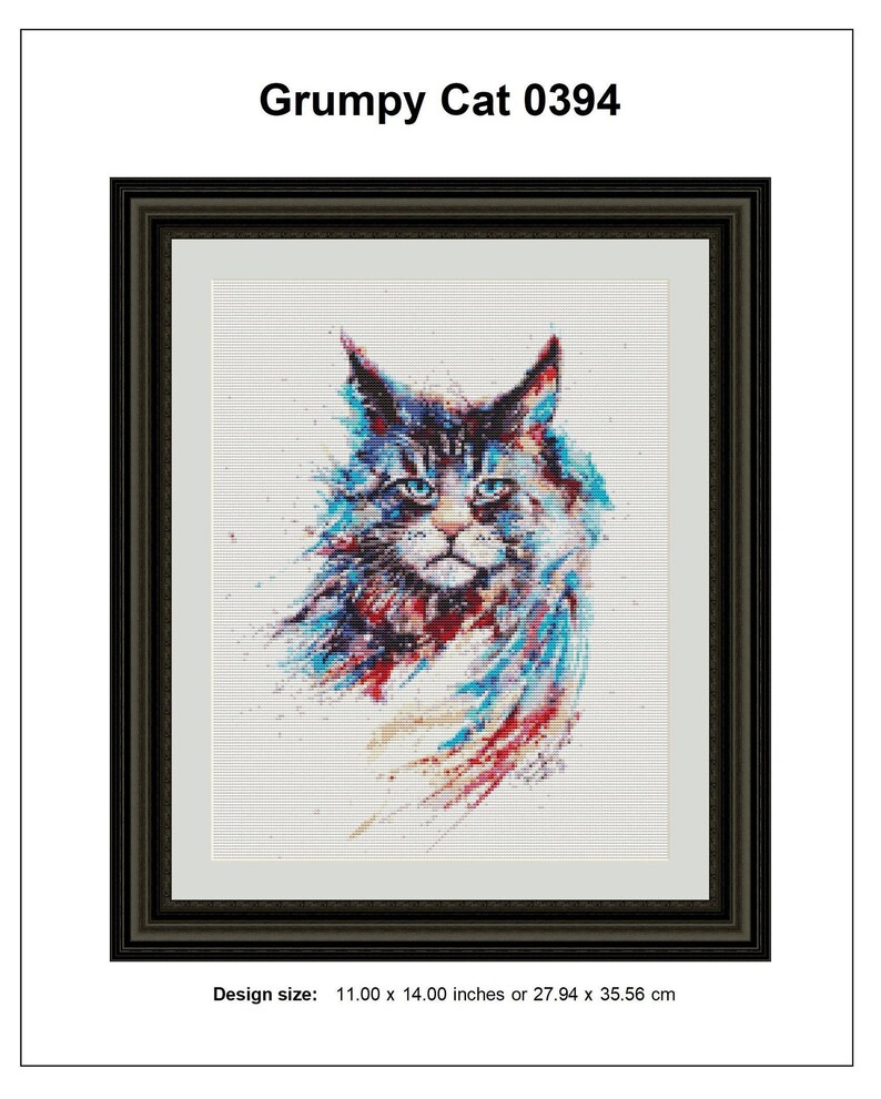 GRUMPY CAT Counted Cross Stitch PDF Pattern, Watercolor Kitten Instant