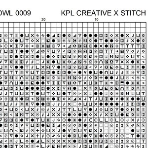 May include: Black and white cross stitch pattern chart with the text "OWL 0009" and "KPL CREATIVE X STITCH" at the top. The chart is divided into a grid of squares with numbers 10 and 20 at the top.