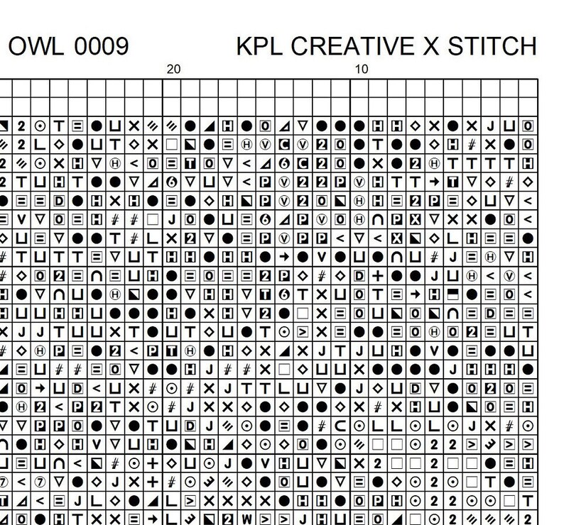 May include: Black and white cross stitch pattern chart with the text "OWL 0009" and "KPL CREATIVE X STITCH" at the top. The chart is divided into a grid of squares with numbers 10 and 20 at the top.