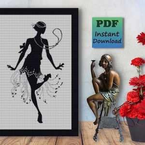 1920&#39;s Art Deco FLAPPER DANCER Counted Cross Stitch PDF Pattern Instant Digital Download X Stitch Needlework Wall Art Home Decor Black White