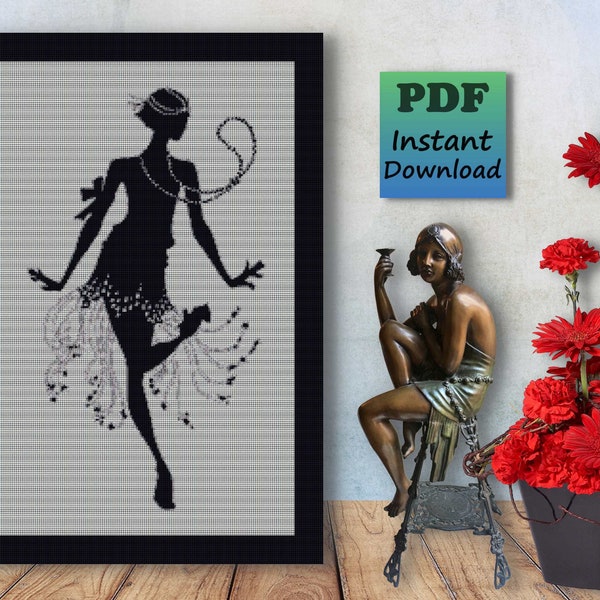 1920's Art Deco FLAPPER DANCER Counted Cross Stitch PDF Pattern Instant Digital Download X Stitch Needlework Wall Art Home Decor Black White