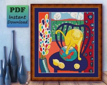 YELLOW CAT With Fish - Henri Matisse - Counted Cross Stitch Pattern - PDF Chart