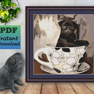 May include: A black pug puppy sits in a white teacup with a floral pattern. The teacup is on a white saucer. The puppy is looking at the camera.