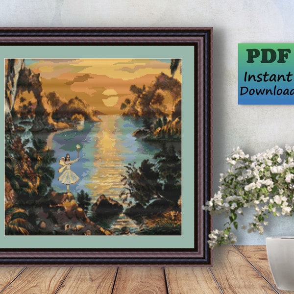 FAIRY SUNSET Kreuzstichmuster, PDF, Sofortiger digitaler Download, Sparkling Lake, Kreuzstich, Stickmuster, Wandbild, Home Decor