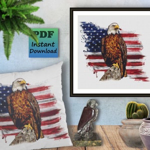 EAGLE - USA Flagge - Vaterländischer Kreuzstich PDF Muster - Aquarell Stil - Sofortiger digitaler Download - X Stichmuster