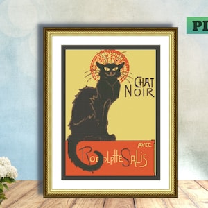 Black Cat Poster Counted Cross Stitch PDF Pattern, French CHAT NOIR  Instant Digital Download, X Stitch Needlework, Wall Art, Home Decor