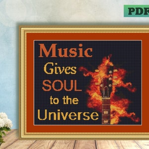 FLAMING Stock-head - Fire GUITAR - Music Quote - Counted Cross Stitch PDF Pattern - Instant Digital Download - X Stitch Needlework Chart