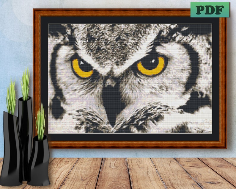 May include: A close-up of an owl's face with sharp, piercing yellow eyes. The owl's feathers are a mix of gray and white, creating a striking contrast against the dark background.