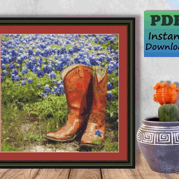 Texas Blue Bonnets - Cowboy Boots  - Counted Cross Stitch Pattern To Download - PDF Chart - X Stitch Needlework - Instant Download