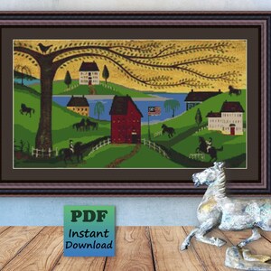 May include: Cross-stitch pattern featuring a rural landscape with a red barn, houses, a river, and a tree with yellow leaves. The scene includes horses and riders, and a small American flag.