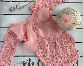 Newborn  photo  outfit girl, baby girl lace romper set, newborn photo props  girl, pink lace photo outfit baby girl open back,match headband