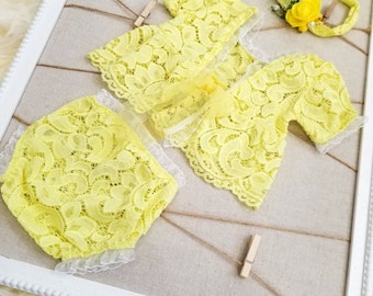 Girl lace newborn outfit props,yellow lace outfit props,newborn photo outfit,photography girl newborn outfit,romper hat lace outfit props