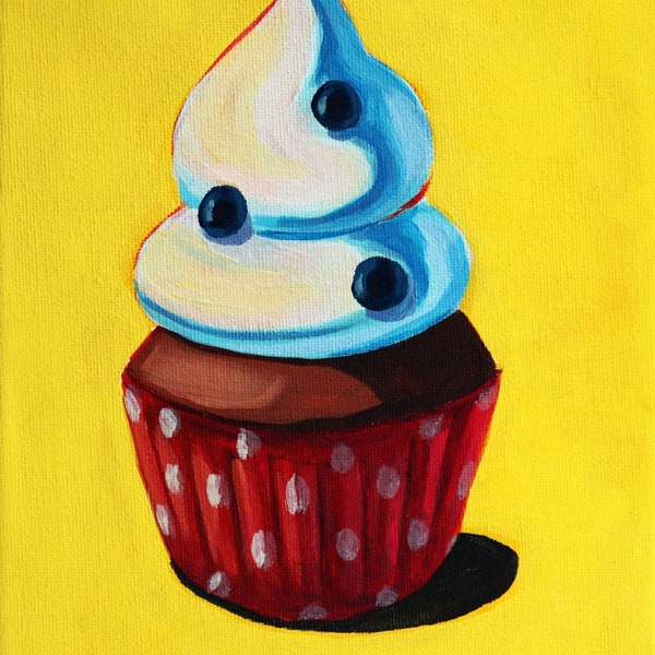 Peinture originale de cupcake aux bleuets, art du gâteau, peinture de dessert, peinture alimentaire, œuvre d’art nature morte, art mural de cuisine, cadeau d’anniversaire.