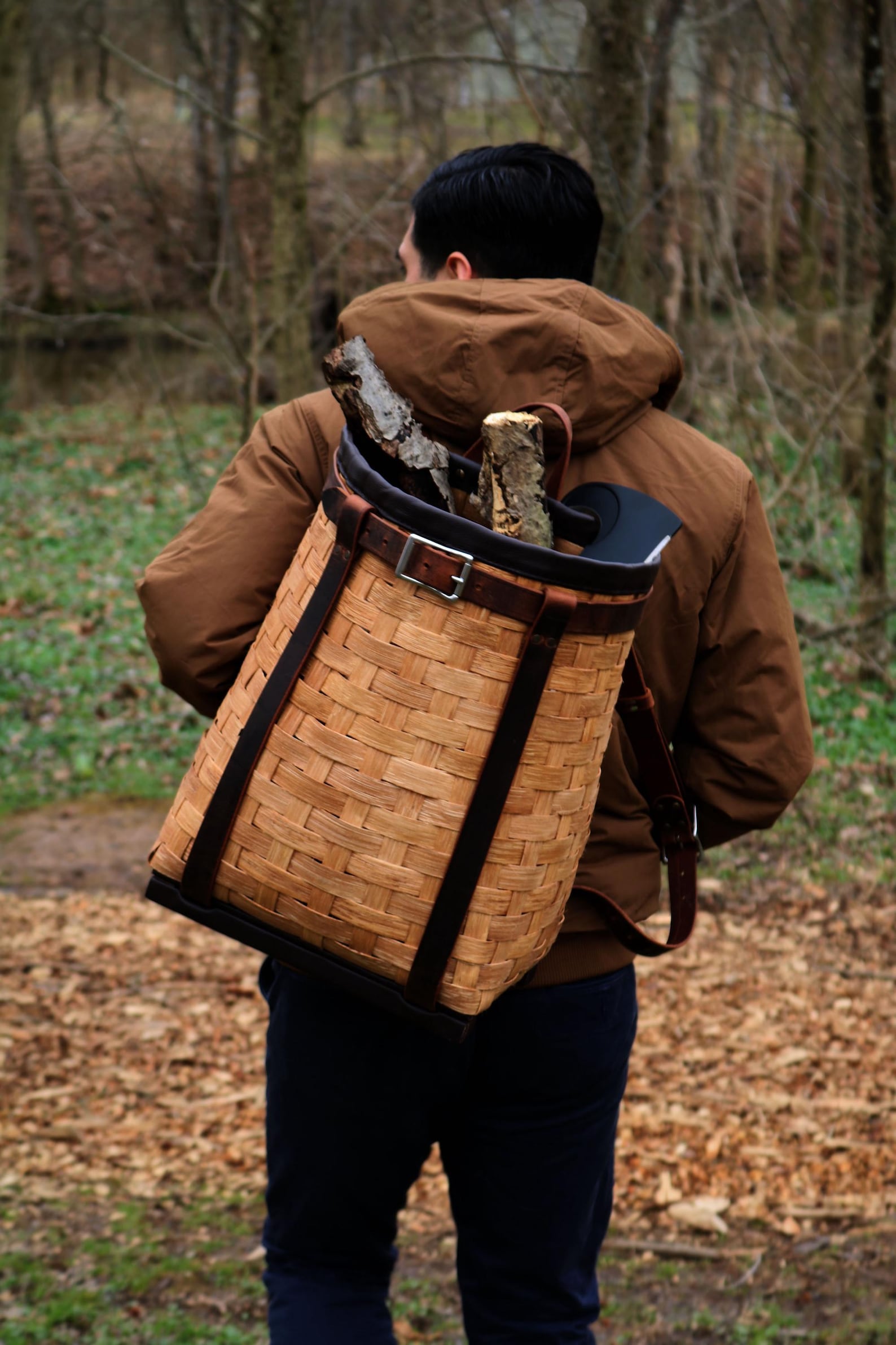 Woven Reed Backpack Handwoven Adirondack Pack Basket: Wood Reed & Buffalo Leather Backpack ...