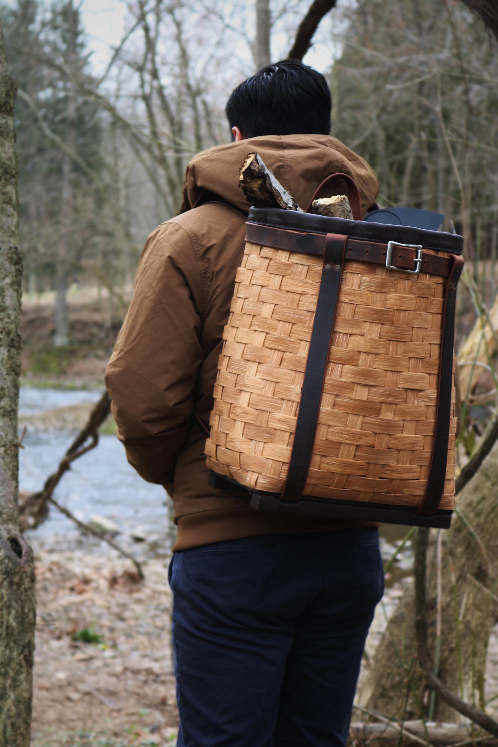 Woven Reed Backpack Handwoven Adirondack Pack Basket: Wood Reed & Buffalo Leather Backpack ...