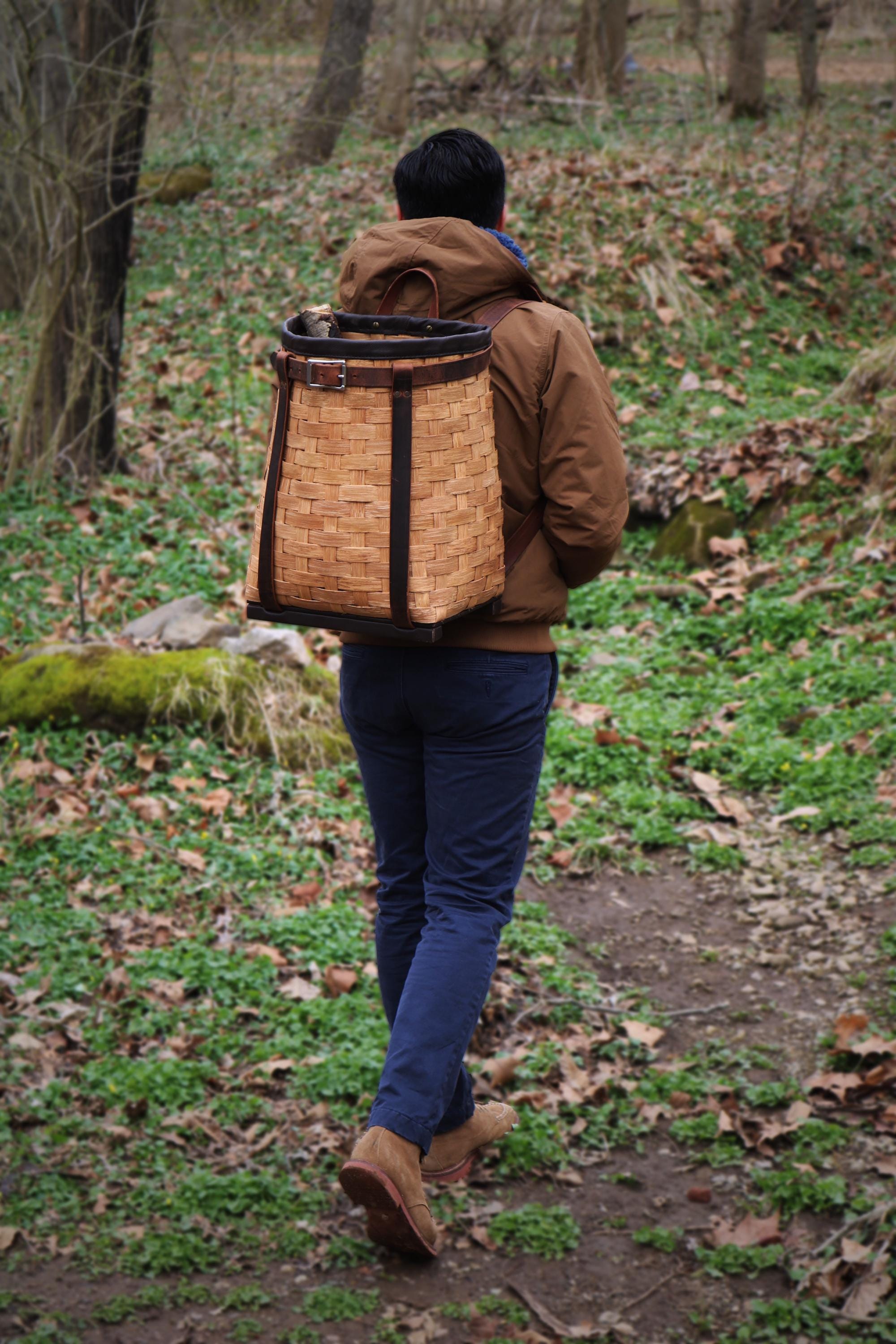 Woven Reed Backpack Handwoven Adirondack Pack Basket: Wood Reed & Buffalo Leather Backpack ...