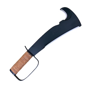 May include: A black machete with a curved blade and a brown wrapped handle. The blade has a hook on the end.