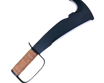 May include: A black curved blade with a sharp edge and a hook at the tip. The handle is wrapped in brown textured material and features a black metal hand guard. The blade has a matte finish and a silver-toned sharpened edge along the curve.