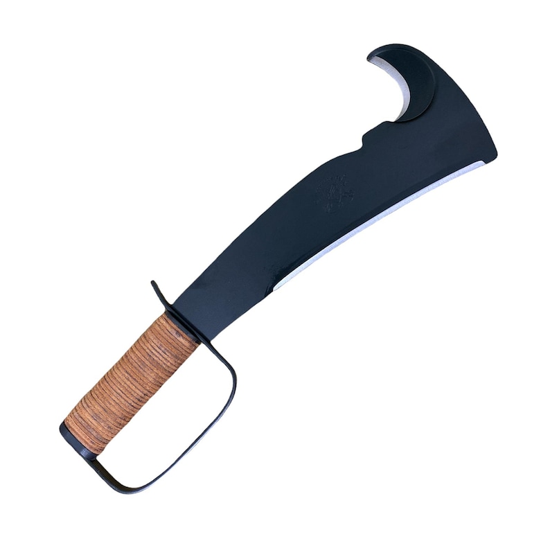 May include: A black machete with a curved blade and a brown wrapped handle. The blade has a hook on the end.