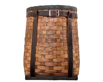 Handwoven Adirondack Pack Basket: Wood Reed & Buffalo Leather Backpack