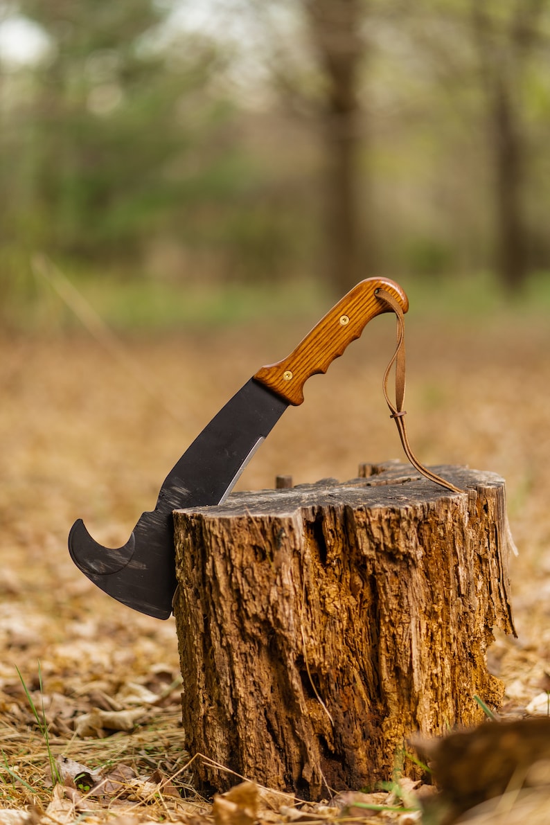 May include: A black and brown hunting knife with a leather strap is resting on a weathered tree stump in a forest setting.