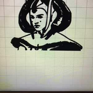 May include: A black and white graphic of a woman with a unique hairstyle and facial features. The illustration is a silhouette, with bold lines defining the figure's shape and details. The woman's expression is neutral.
