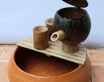 Table top fountain Tea pot style with teracota bowl indoor fountain handmade fountain real hand made bamboo real bamboo