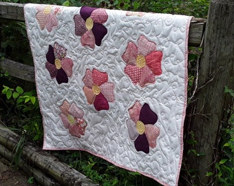 Pink Pansy Applique Baby Quilt, Spring Floral Bedding