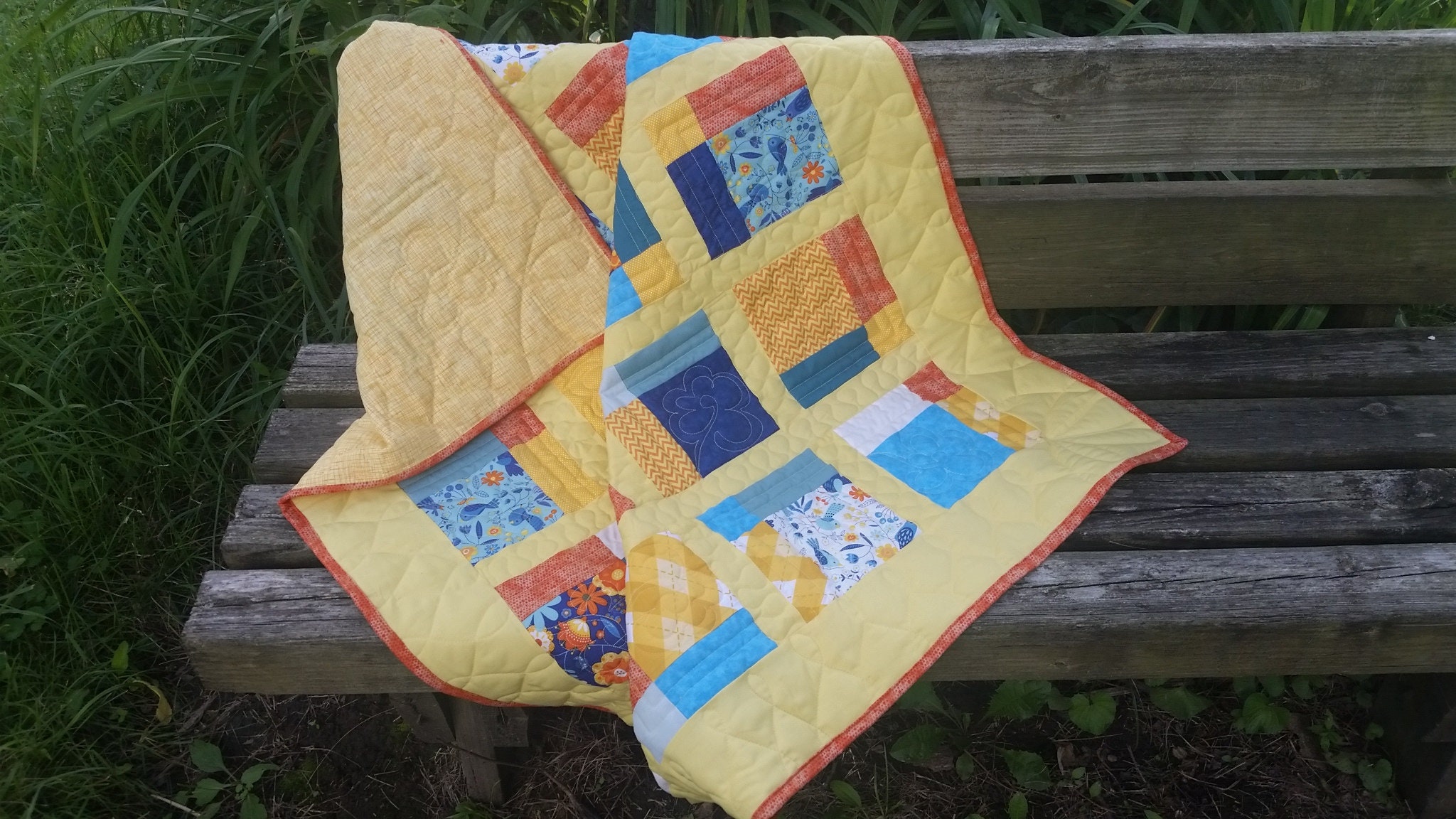 Yellow baby quilt with flowers and birds Etsy