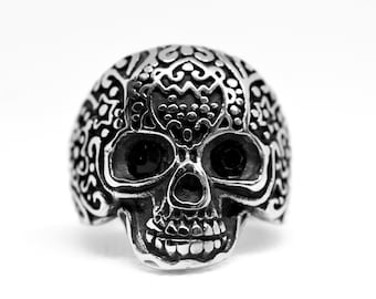 Anneau de crâne de sucre / crâne en acier inoxydable / Anneau de crâne de mens / Jour de l’anneau mort / Anneau de déclaration / Bijoux de motard