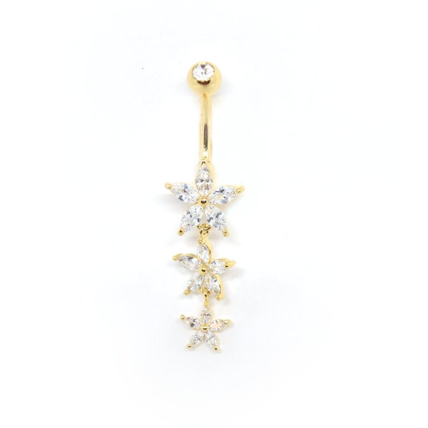 Flower Belly Ring/ 14k Gold Belly Ring/Dangly Flower Ring/Sparkly Body Jewelry/ Flower Belly Piercing/ Dangly Belly Piercing/ Flower Ring