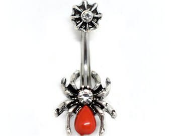 Red Spider Belly Ring: Surgical Steel Navel Piercing