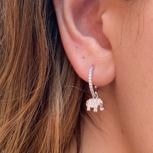 Sterling Silver Elephant Earrings: CZ Diamond Dangly Hoops