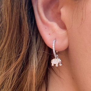 Diamond CZ Elephant Earrings / Sterling Silver Elephant Earrings / Elephant Hoop Earrings / Dangly Hoops / Good Luck Charm