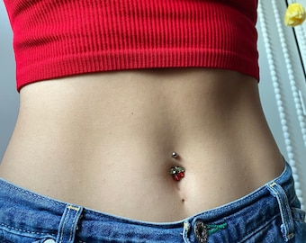 Cherry Belly Ring / Surgical Steel Cherry Belly Button Ring / Sparkly Belly Ring / Navel Ring / Belly Button Piercings / Cherry Jewelry