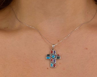 Turquoise Cross Necklace | Sterling Silver 925 Turquoise Cross Necklace| Silver Jade Cross Necklace | Ruby Cross Necklace | Communion Gift