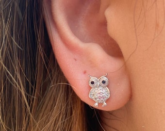 Orecchini a perno a forma di gufo in argento sterling: ciondolo portafortuna con diamanti CZ
