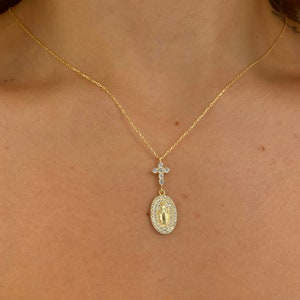 Sterling Silver Virgin Mary Necklace: CZ Diamond Gold Cross Rosary